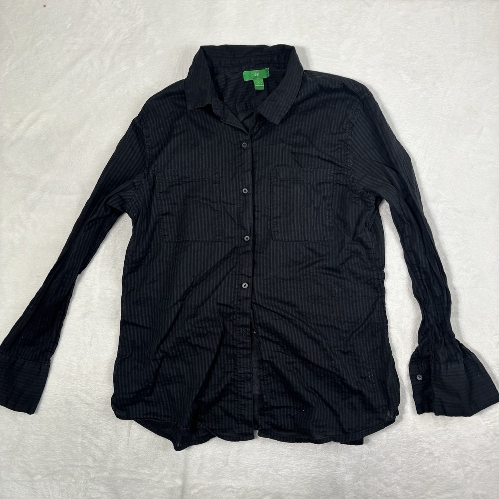 Dip Black Striped Long Sleeve Button Up Sheer Collared Blouse Women's Large‎